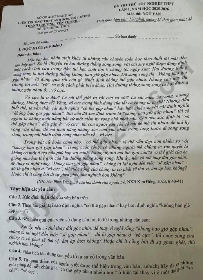 De thi thu tot nghiep THPT mon Van 2026 - Lien truong Nghe An (lan 1)