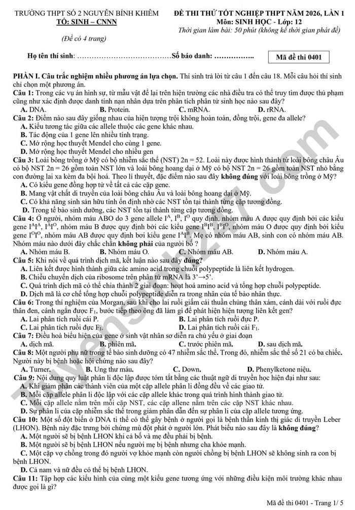 De thi thu tot nghiep THPT mon Sinh 2026 - THPT so 2 Nguyen Binh Khiem (lan 1)