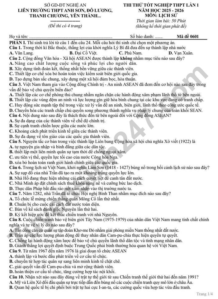 De thi thu TN THPT mon Su 2026 lan 1 - Lien truong Nghe An