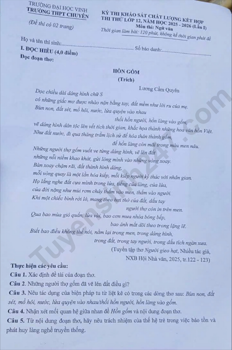 De thi thu tot nghiep THPT mon Van 2026 - Chuyen DH Vinh lan 1