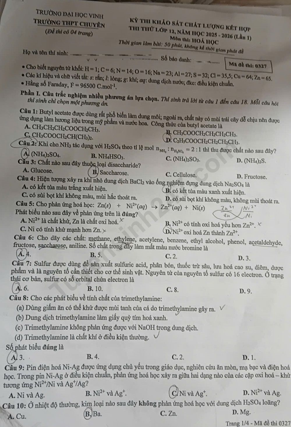 De thi thu mon Hoa tot nghiep THPT 2026 - Chuyen DH Vinh lan 1