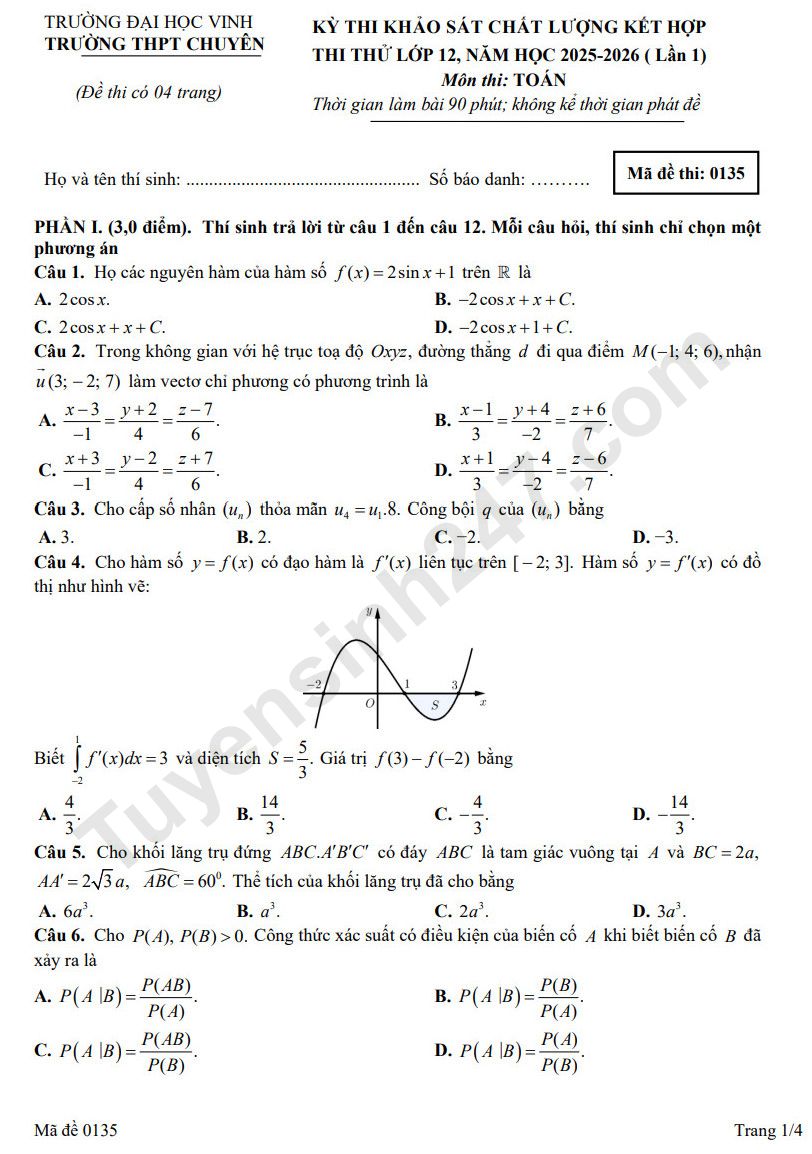 De thi thu tot nghiep THPT mon Toan 2026 - Chuyen DH Vinh lan 1