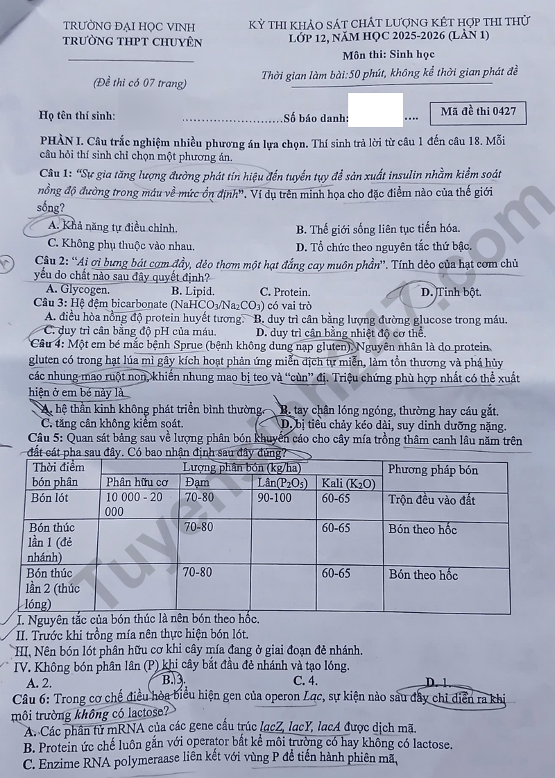 De thi thu tot nghiep THPT mon Sinh 2026 - Chuyen DH Vinh lan 1