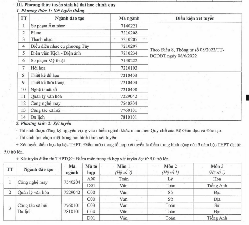 Thong tin tuyen sinh truong Dai hoc Su pham nghe thuat Trung Uong 2026