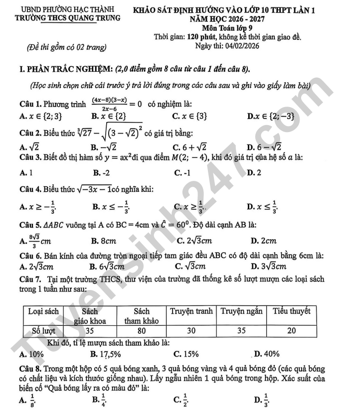 De thi thu vao lop 10 mon Toan 2026 - THCS Quang Trung