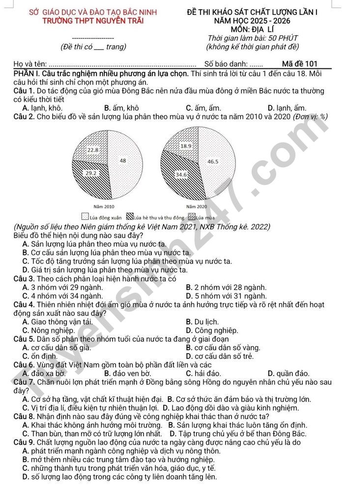 De thi thu tot nghiep THPT mon Dia 2026 - THPT Nguyen Trai lan 1