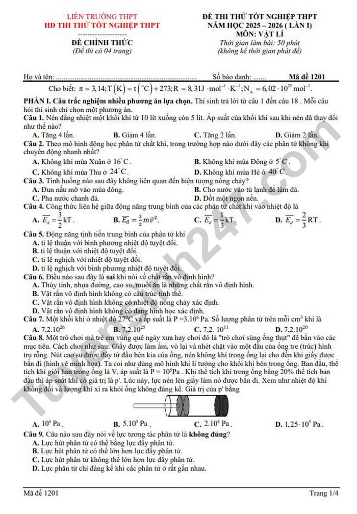 De thi thu tot nghiep THPT mon Ly 2026 - Lien truong THPT Ha Noi (lan 1)