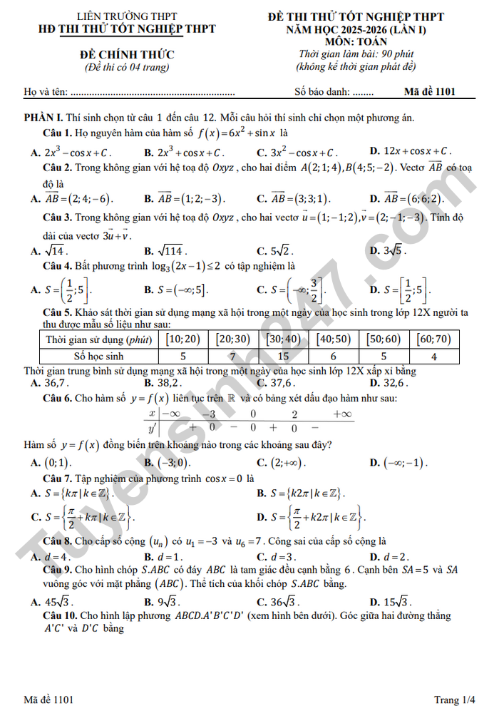 De thi thu tot nghiep THPT 2026 mon Toan lan 1 - Lien truong THPT Ha Noi
