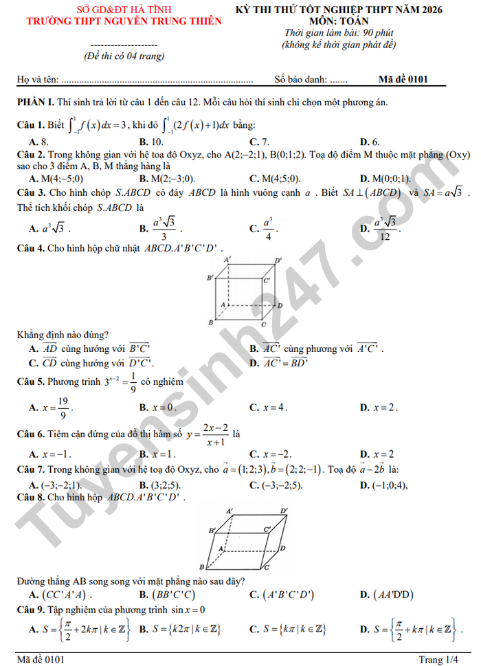 De thi thu tot nghiep THPT mon Toan 2026 - THPT Nguyen Trung Thien