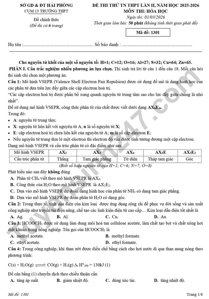 De thi thu TN THPT 2026 lan 2 mon Hoa - Cum 13 truong THPT Hai Phong