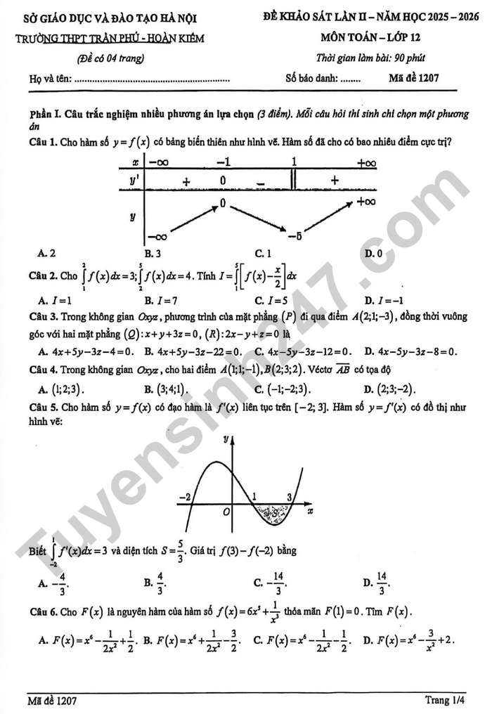 De thi thu TN THPT 2026 mon Toan lan 2 - THPT Tran Phu Hoan Kiem