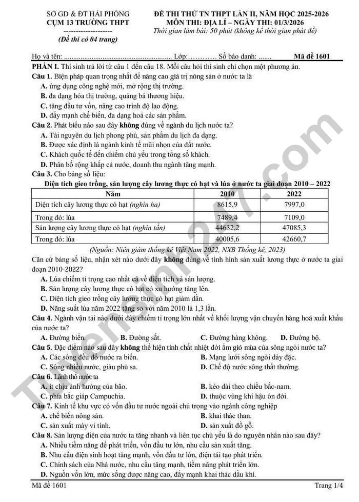 De thi thu TN THPT lan 2 nam 2026 mon Dia - Cum 13 truong THPT Hai Phong