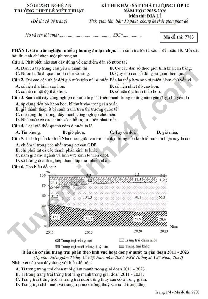 De thi thu TN THPT 2026 mon Dia - THPT Le Viet Thuat