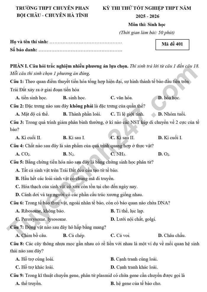 De thi thu tot nghiep THPT mon Sinh 2026 - THPT Chuyen Phan Boi Chau - Chuyen Ha Tinh