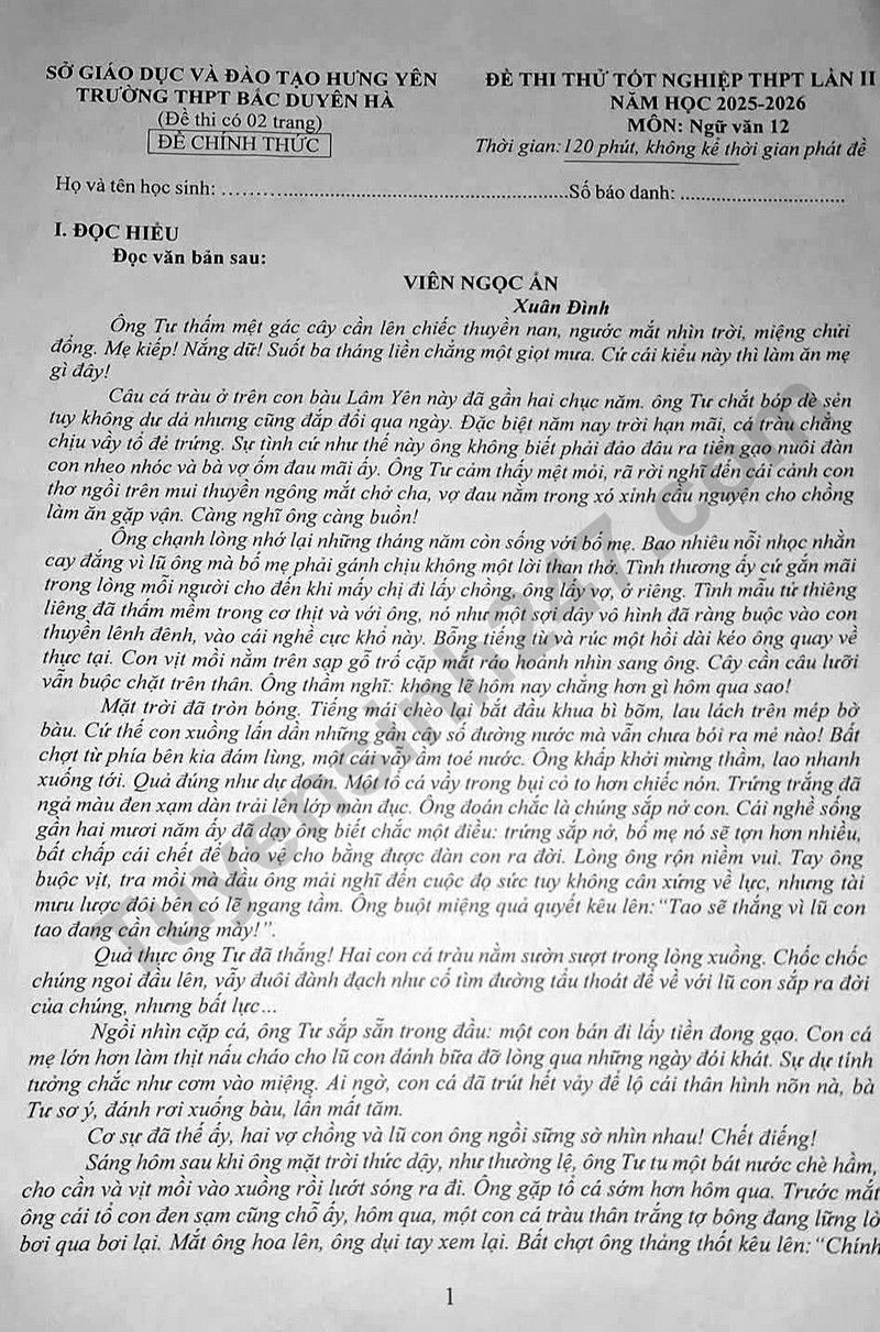 De thi thu TN THPT lan II nam 2026 mon Van - Truong THPT Bac Duyen Ha