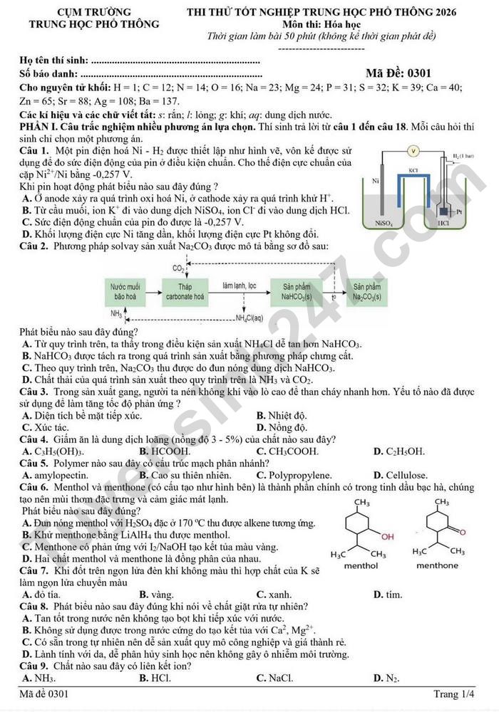De thi thu mon Hoa tot nghiep THPT 2026 - Cum truong THPT Nghe An