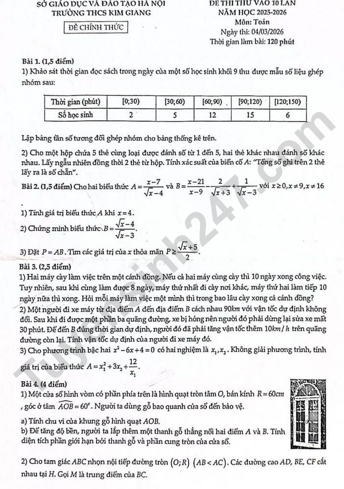 De thi thu vao lop 10 mon Toan 2026 - THCS Kim Giang