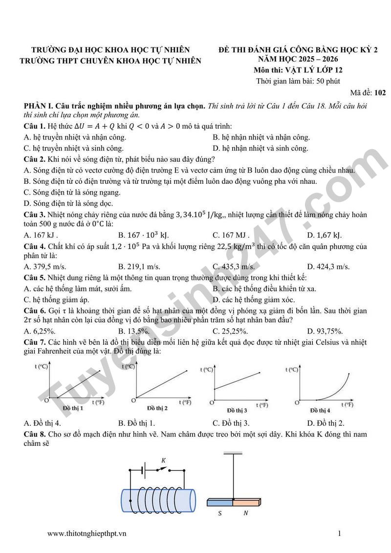 De thi thu tot nghiep THPT 2026 mon Vat li cua Truong Chuyen Khoa hoc Tu nhien