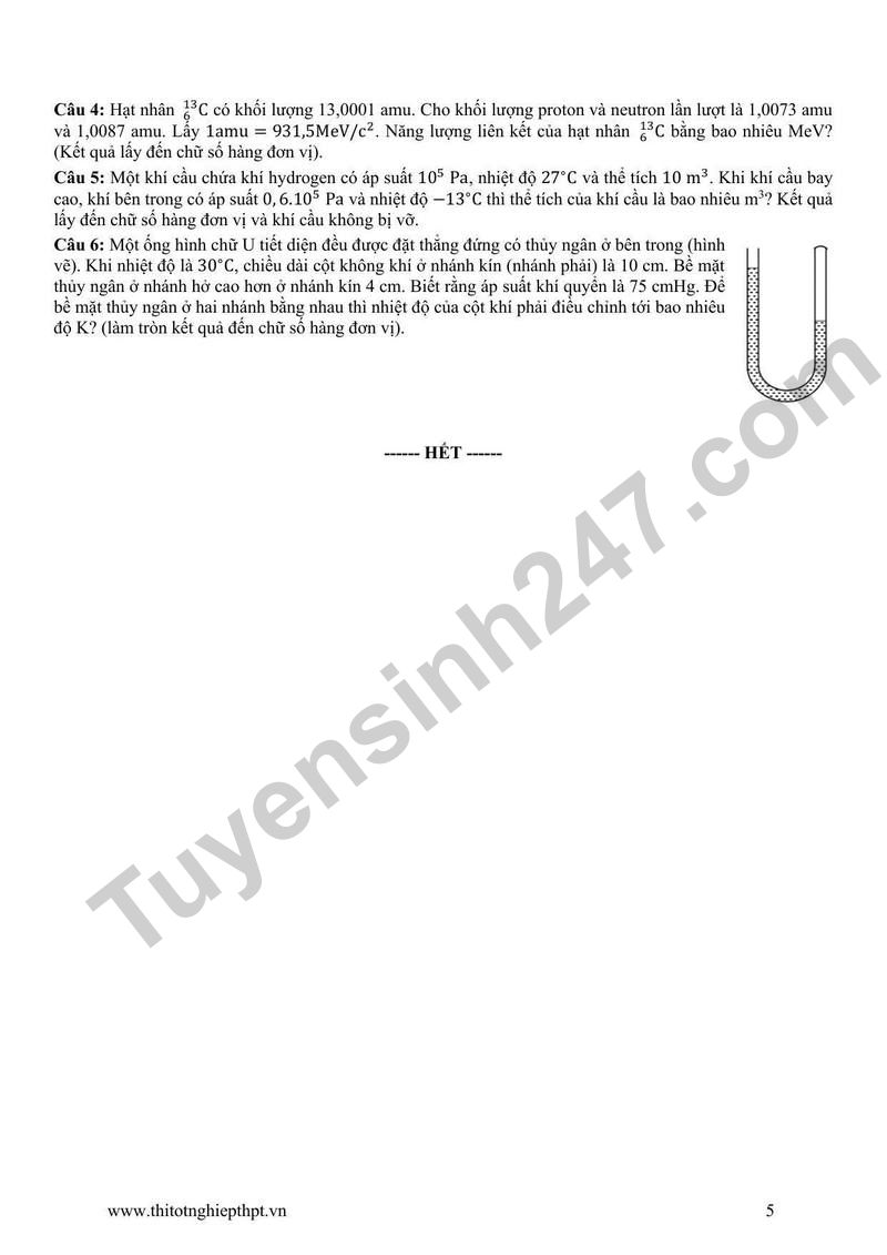 De thi thu tot nghiep THPT 2026 mon Vat li cua Truong Chuyen Khoa hoc Tu nhien