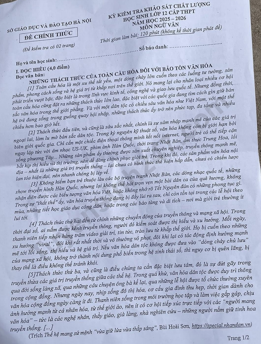 Huong dan giai De thi khao sat mon Van lop 12 - So GD Ha Noi 2026