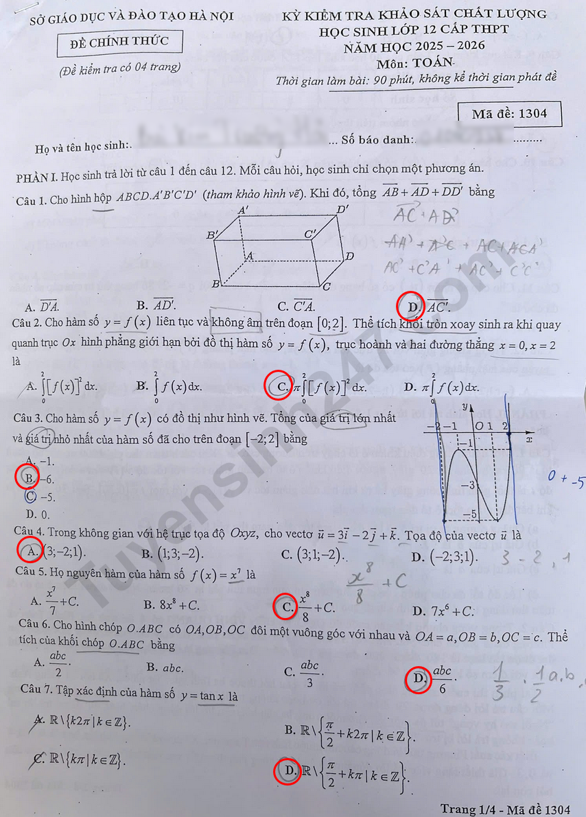 Huong dan giai De thi khao sat lop 12 mon Toan 2026 - So GD Ha Noi