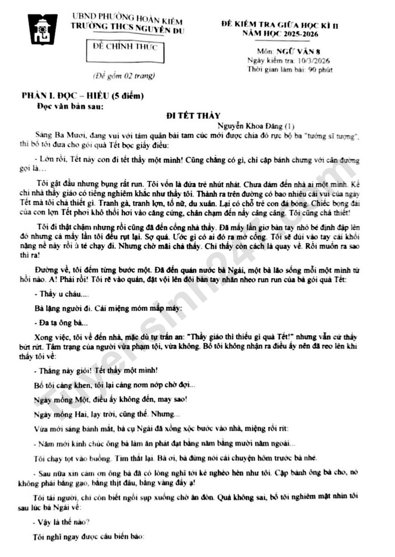 De thi giua ki 2 mon Van lop 8 - THCS Nguyen Du 2026