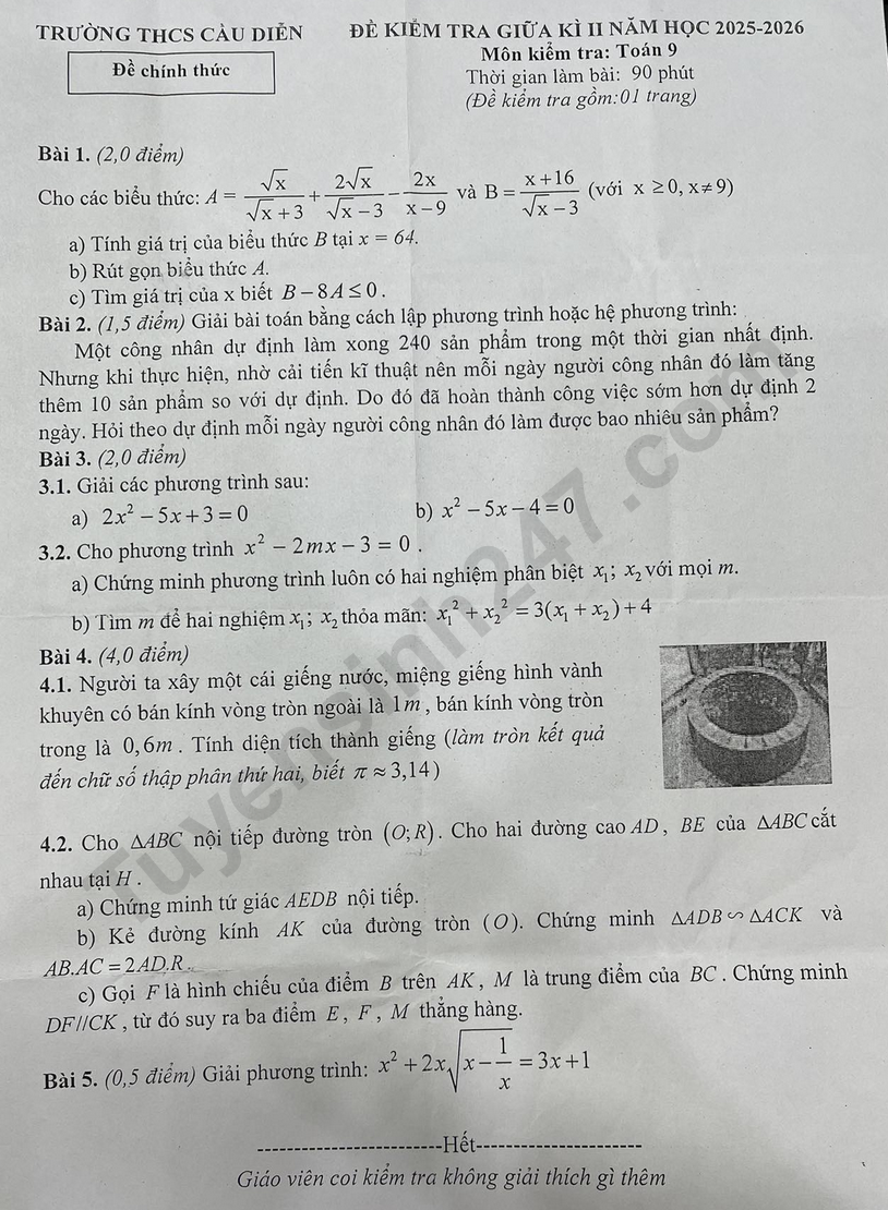 De thi giua ki 2 mon Toan lop 9 - THCS Cau Dien 2026