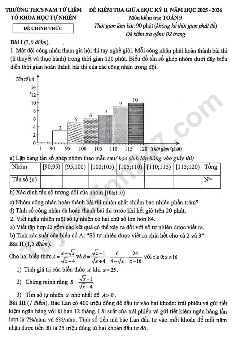 De thi giua ki 2 lop 9 mon Toan 2026 - THCS Nam Tu Liem