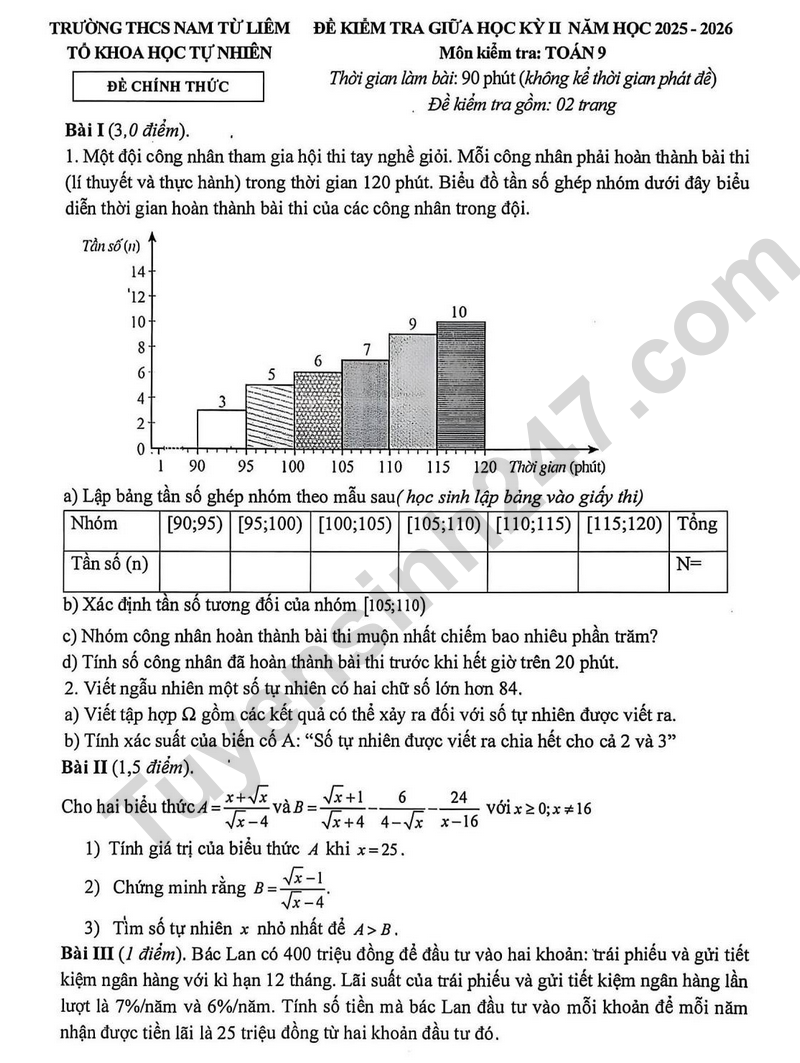 De thi giua ki 2 mon Toan lop 9 - THCS Nam Tu Liem 2026