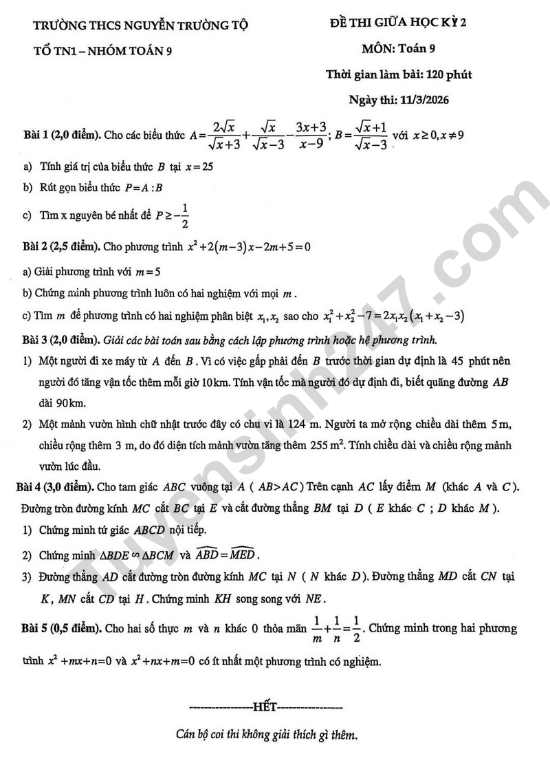 De thi giua ki 2 mon Toan lop 9 - THCS Nguyen Truong To 2026