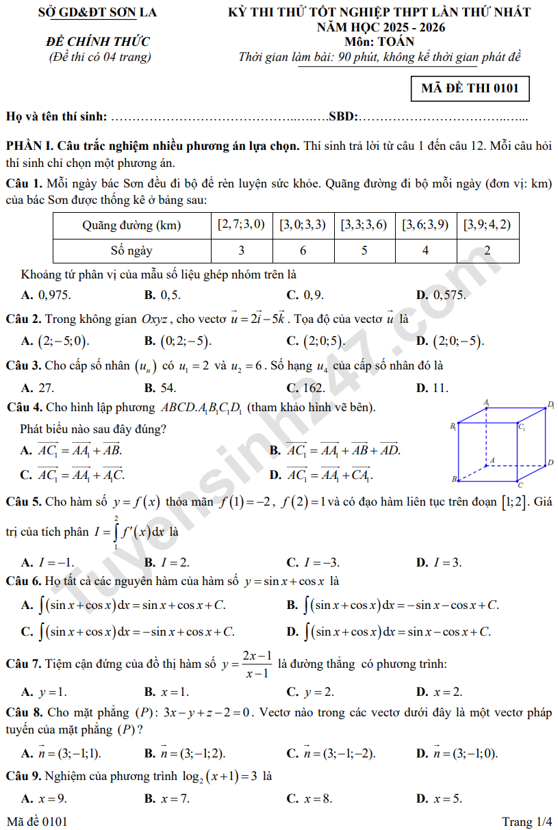 De thi thu mon Toan tot nghiep THPT 2026 - So GD Son La lan 1 (Co dap an)