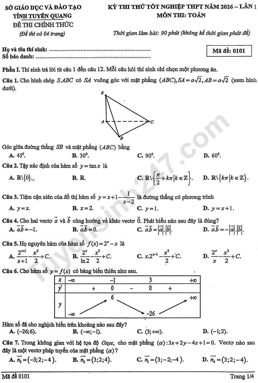De thi thu tot nghiep THPT 2026 mon Toan - So GD Tuyen Quang lan 1