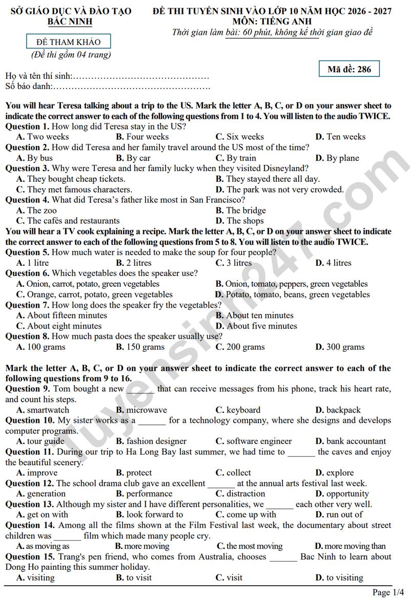 De thi thu vao lop 10 mon Anh - So GD Bac Ninh 2026