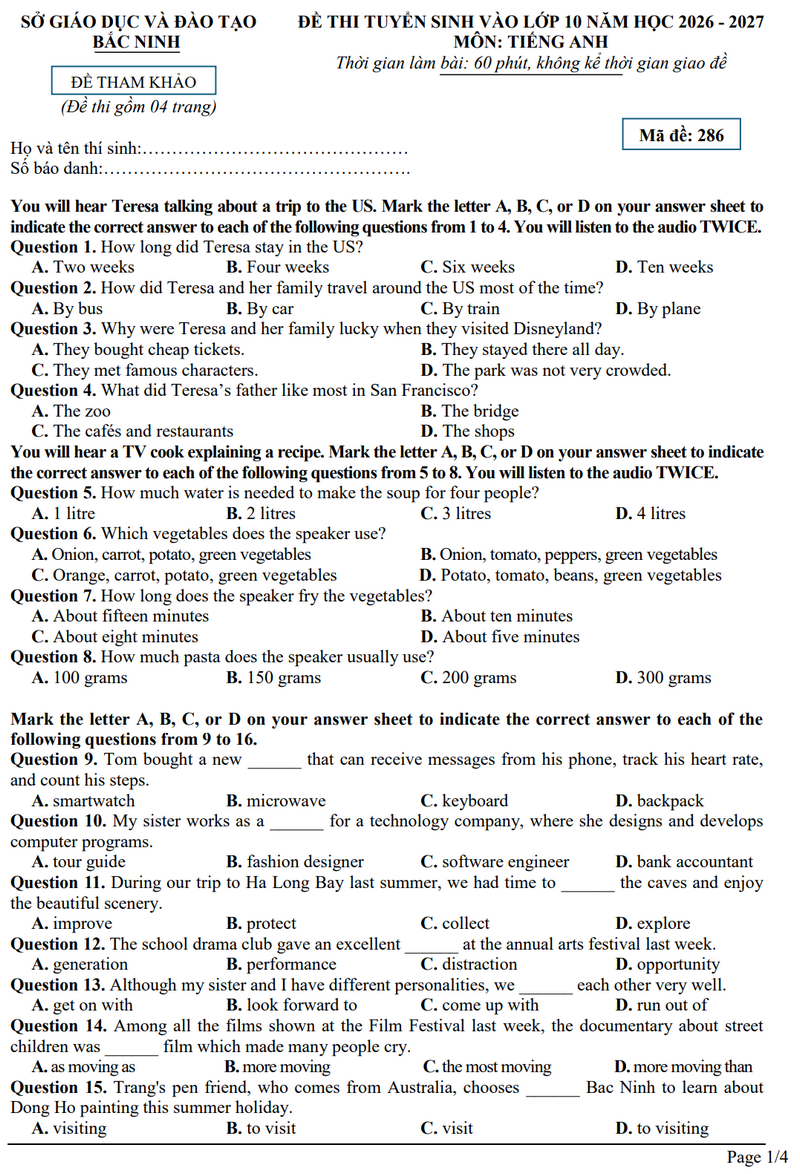 De thi thu vao lop 10 mon Anh - So GD Bac Ninh 2026