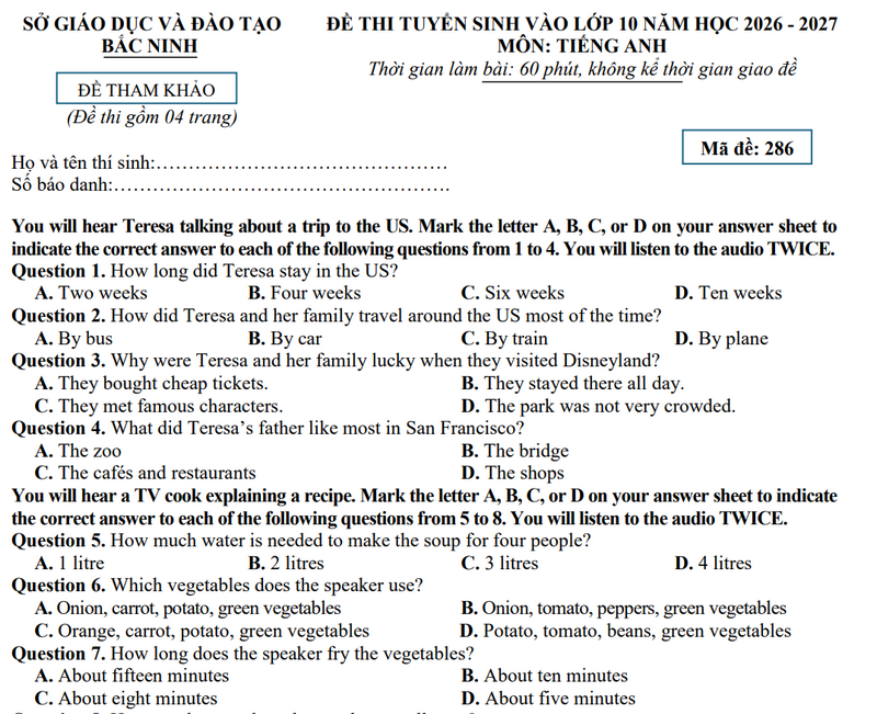 De thi thu vao lop 10 mon Anh - So GD Bac Ninh 2026