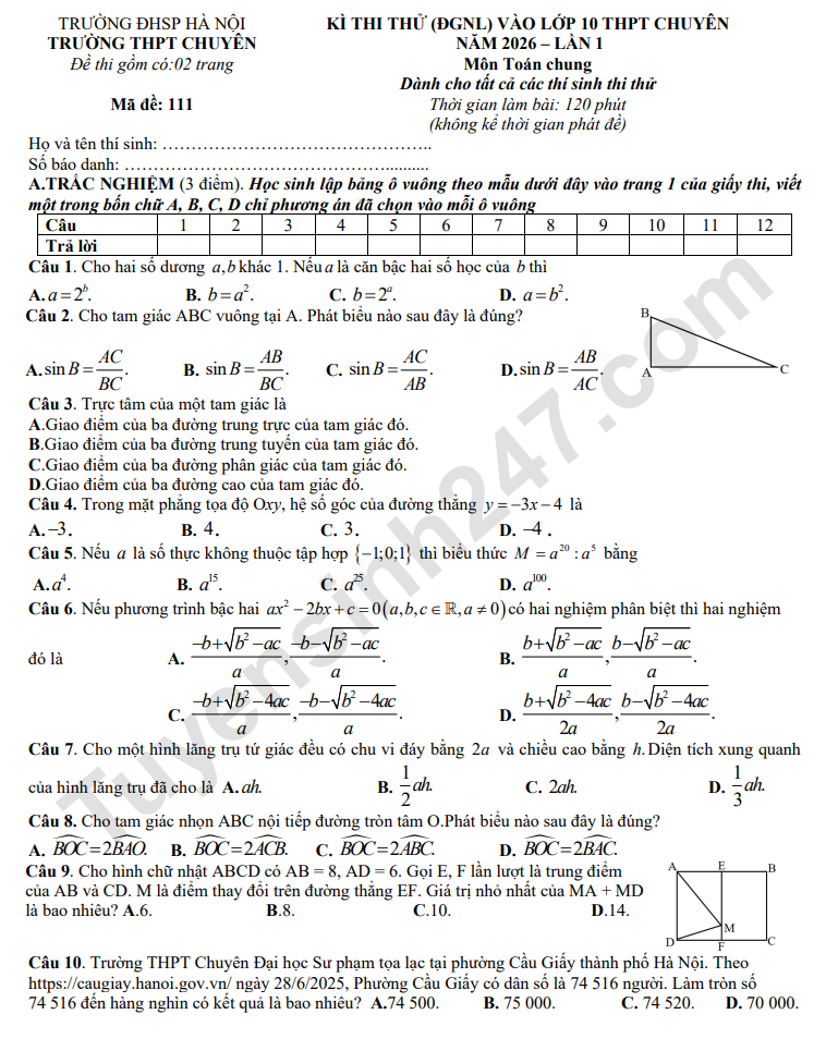 De thi thu vao lop 10 mon Toan 2026 - THPT Chuyen DH Su pham HN lan 1