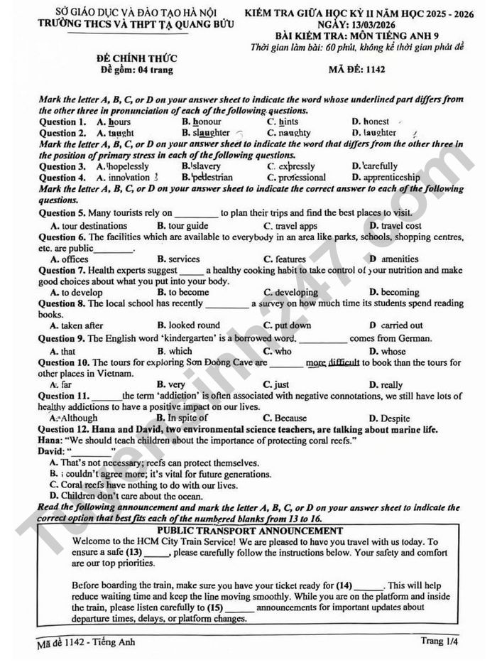 De thi giua ki 2 mon Anh 9 THCS&THPT Ta Quang Buu 2026