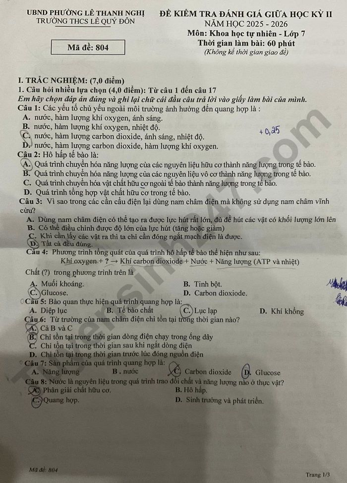 De thi giua ki 2 Khoa hoc tu nhien lop 7 THCS Le Quy Don 2026