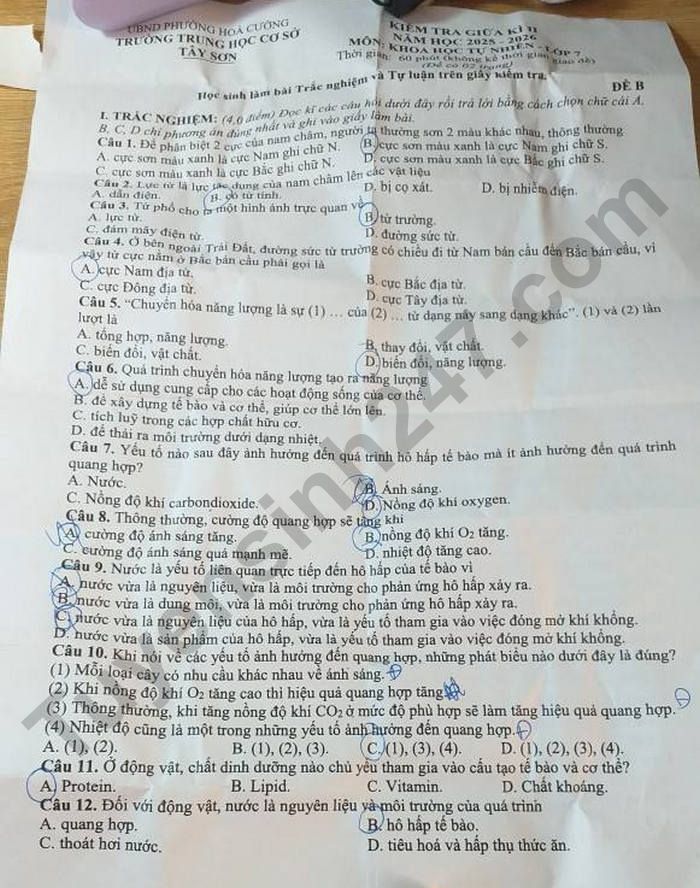 De thi giua ki 2 lop 7 mon KHTN 2026 - THCS Tay Son