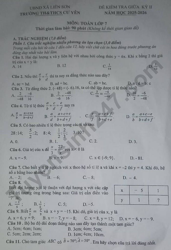 De thi giua ki 2 nam 2026 Toan lop 7 - TH&THCS Cu Yen