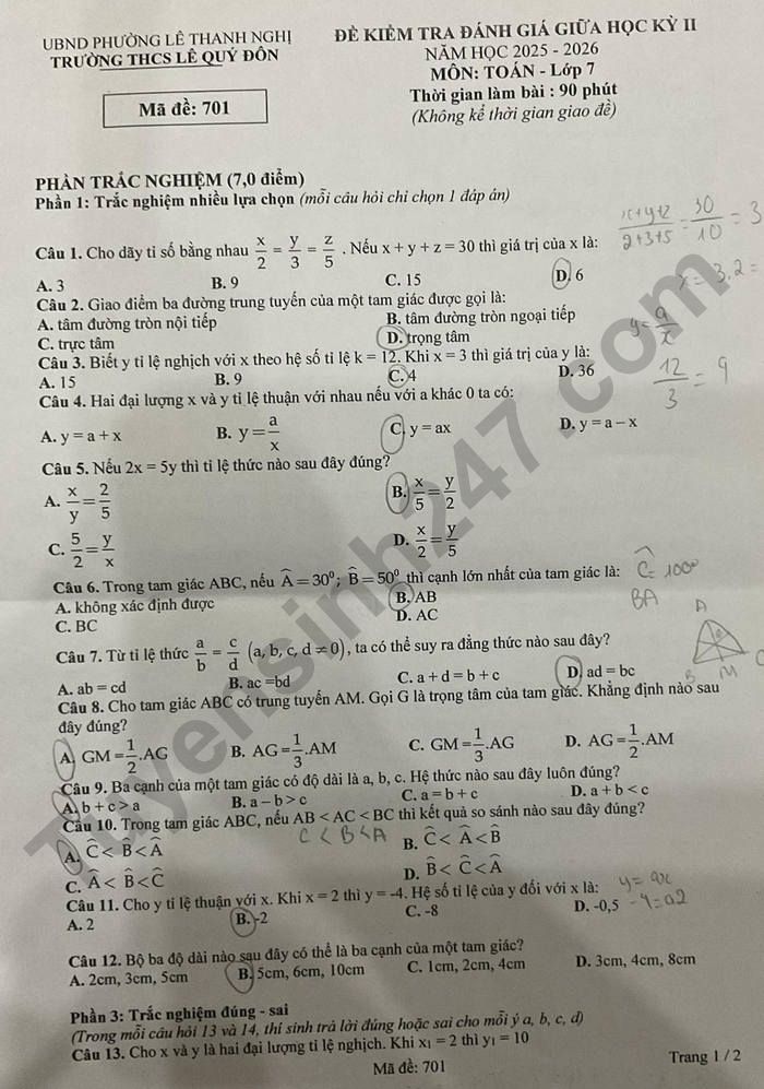 De thi giua ki 2 nam 2026 Toan 7 - THCS Le Quy Don