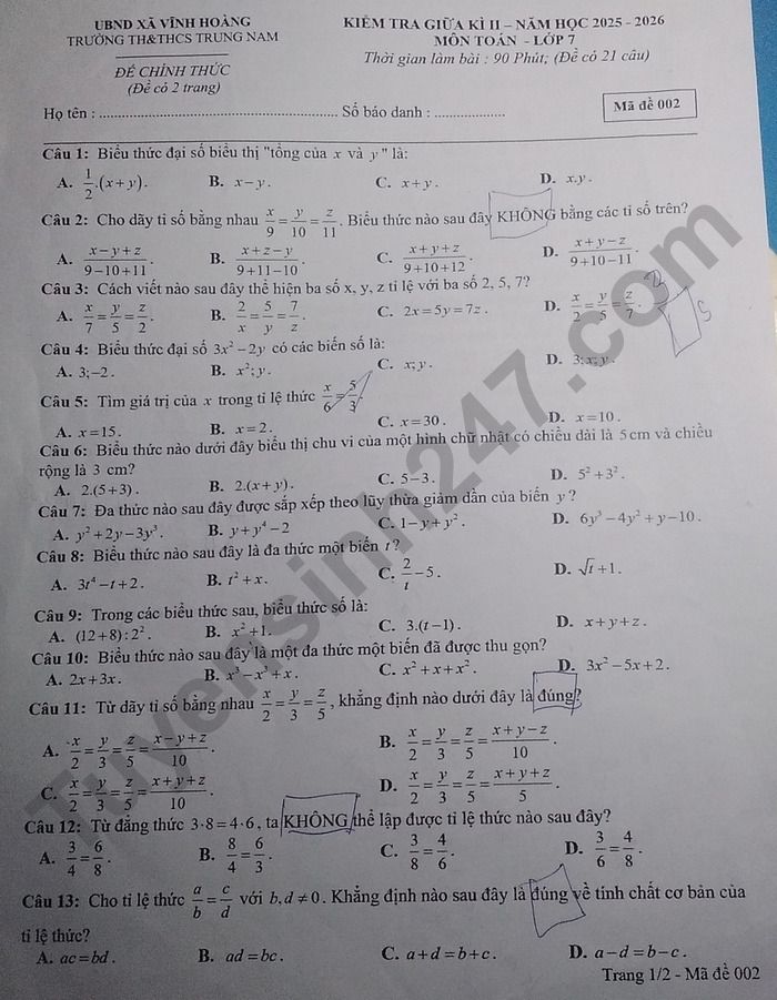 De thi giua ki 2 Toan lop 7 TH&THCS Trung Nam 2026