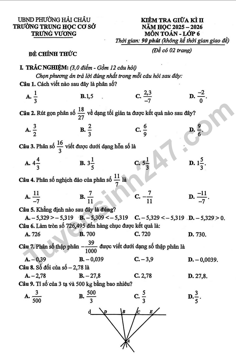 De giua ki 2 Toan 6 truong THCS Trung Vuong – Da Nang nam 2026