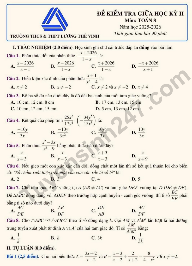 De giua hoc ky 2 Toan 8 truong Luong The Vinh – Ha Noi nam 2026 (Co dap an)