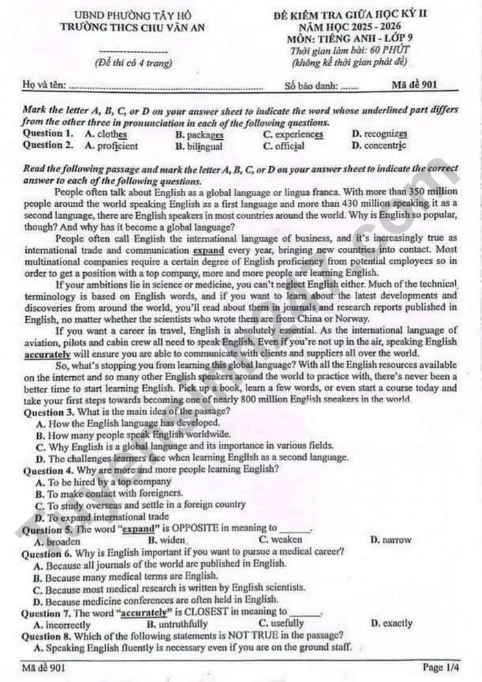 De thi giua ki 2 lop 9 mon Anh 2026 - THCS Chu Van An