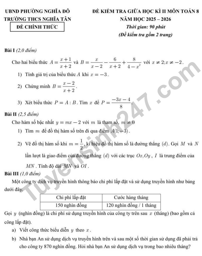 De giua hoc ki 2 Toan 8 truong THCS Nghia Tan nam 2026 (Co dap an)