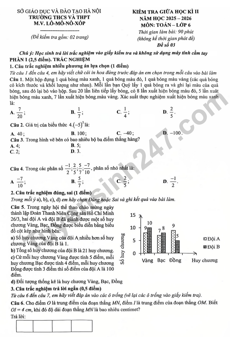 De giua hoc ki 2 Toan 6 truong M.V. Lomonoxop nam 2026