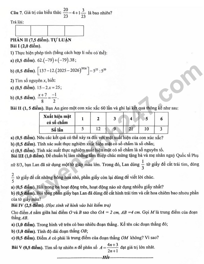 De giua hoc ki 2 Toan 6 truong M.V. Lomonoxop nam 2026