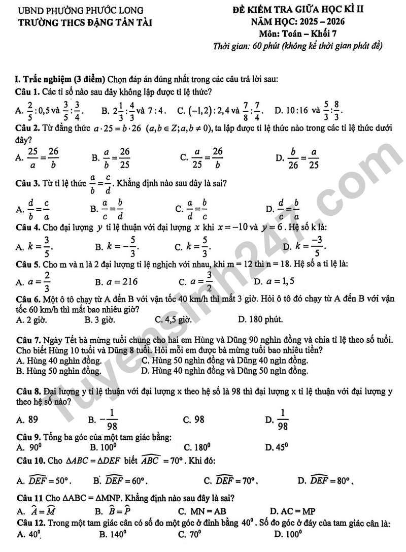 De giua hoc ki 2 Toan 7 truong THCS Dang Tan Tai nam 2026