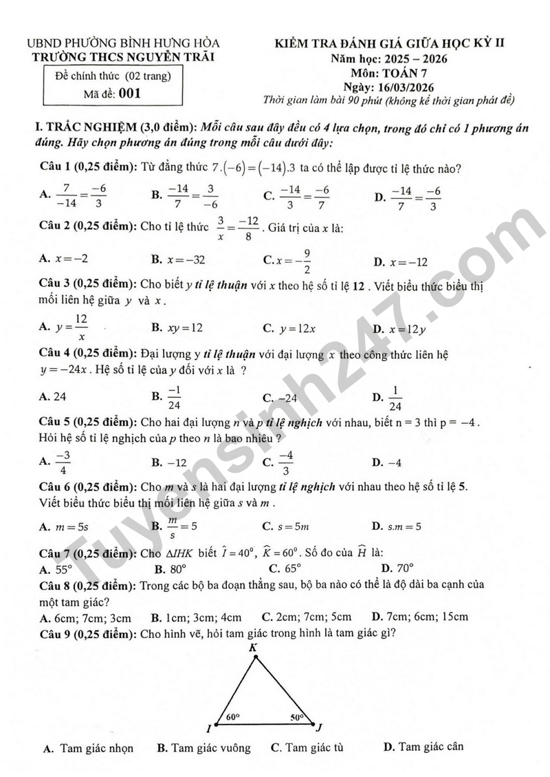 De giua hoc ky 2 Toan 7 truong THCS Nguyen Trai nam 2026
